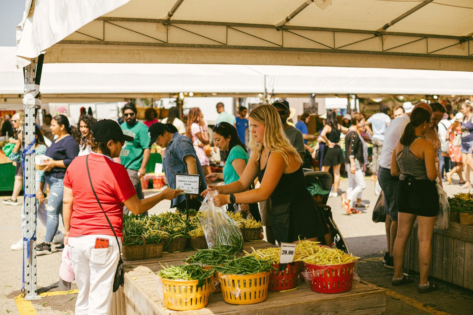 Shoppers browsing fresh produce at an outdoor farmers market