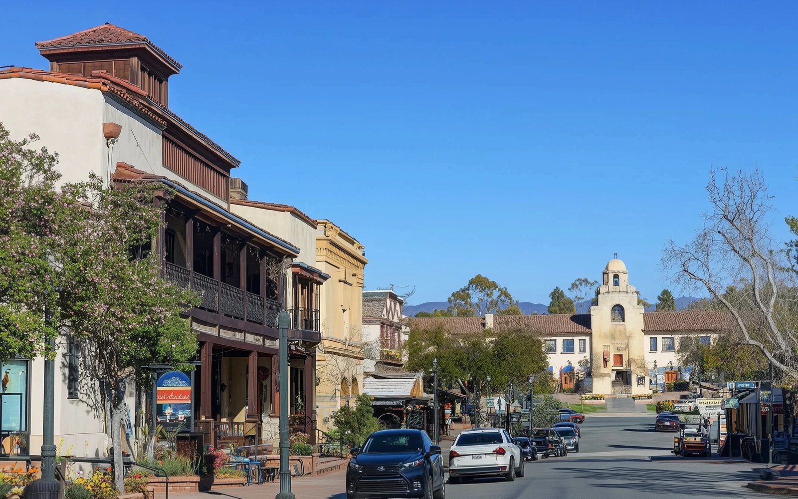 Lively palm-lined street with cafes on the Central Coast